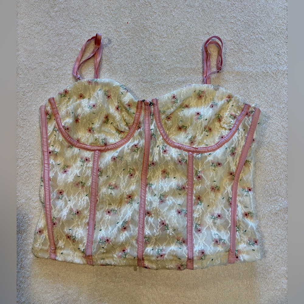 Pretty Garbage White Floral Corset Top Pink Boning Size Large Boutique